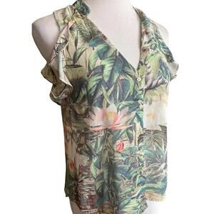 HM Tropical Floral Button Down Blouse Women Xs Sleeveless Ruffle Top Palm Lotus
